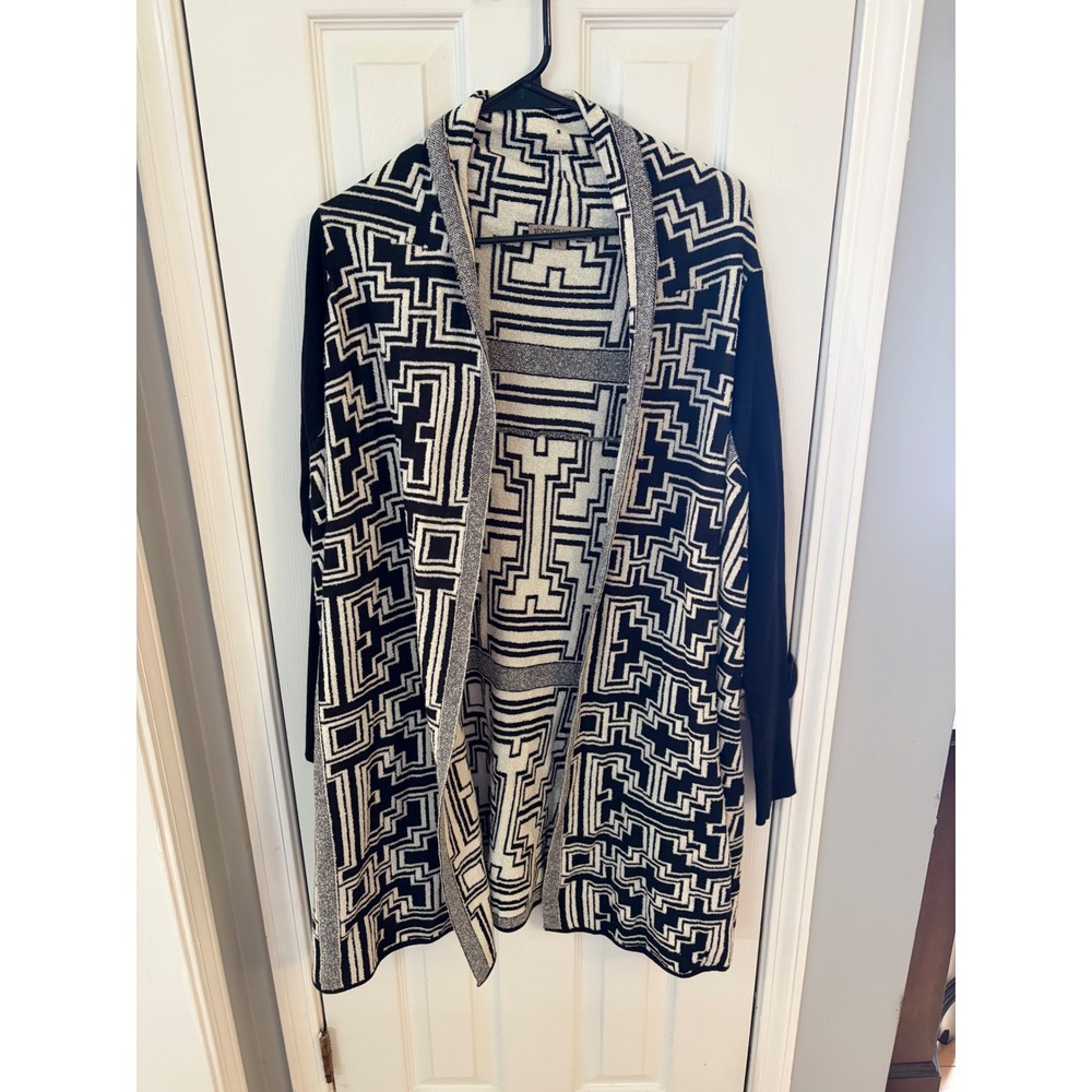 Sharon Young Cardigan Womens L Black White Geometric Maze Open Front Longline